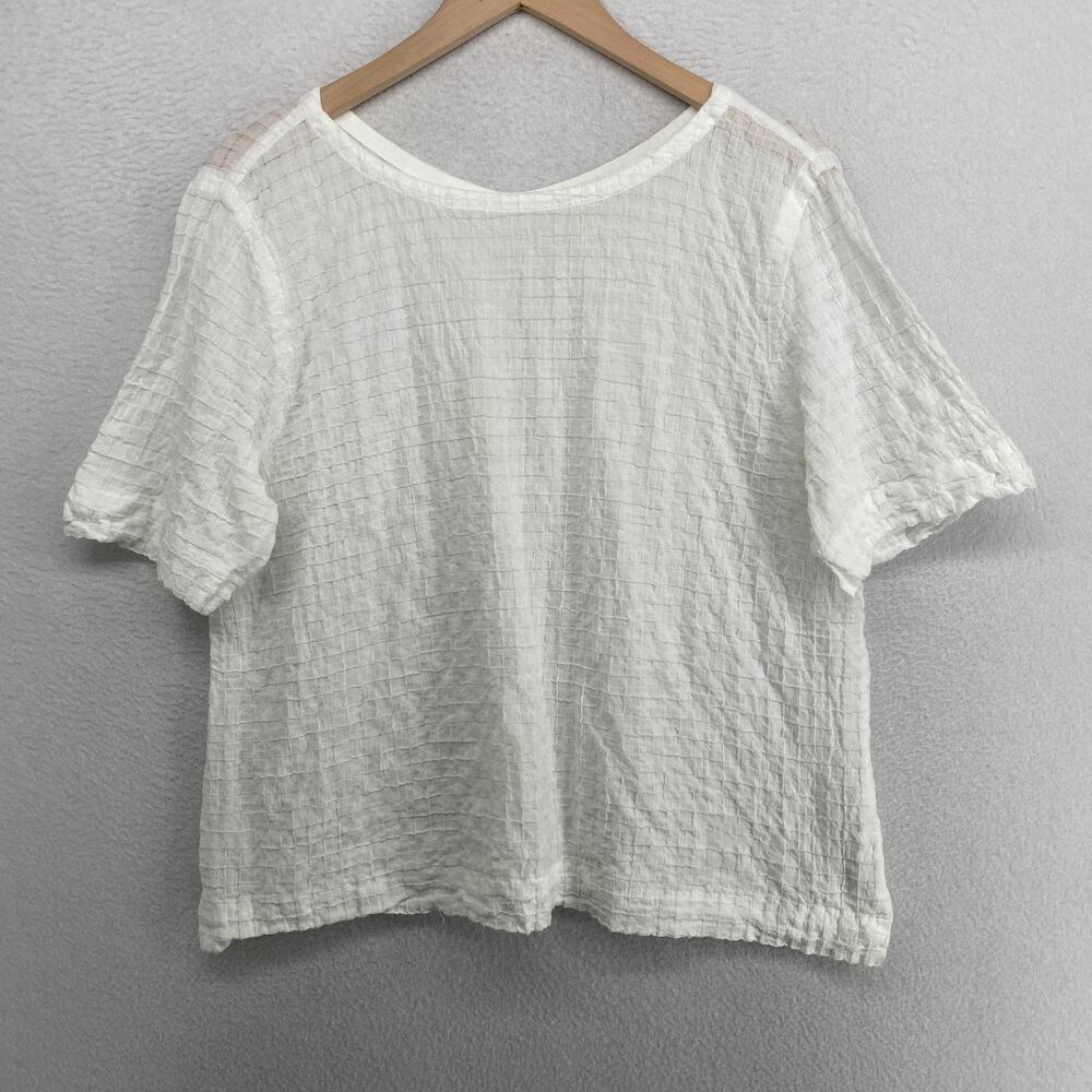 EILEEN FISHER Top PL Organic Cotton Voile Box Round Neck Short Sleeve White